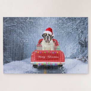 Sint Bernard-hond in de sneeuw zittend op Kersttru Legpuzzel