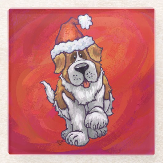 Sint-Bernard Kerstmis op rood Glazen Onderzetter (Voorkant)