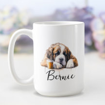 Sint Bernard met koffie mok, hond met attitude