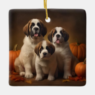 Sint Bernard Puppy Herfst Verrukking Pompoen Keramisch Ornament