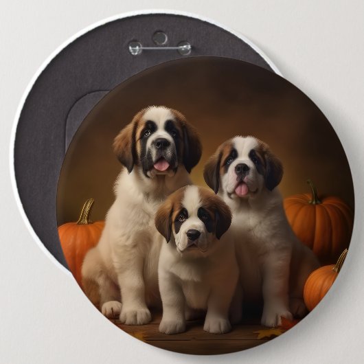 Sint Bernard Puppy Herfst Verrukking Pompoen Ronde Button 6,0 Cm (Voorkant /achterkant)