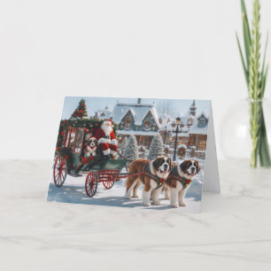Sint-Bernardshonden trekken Kerstman Kar Feestdagen Kaart