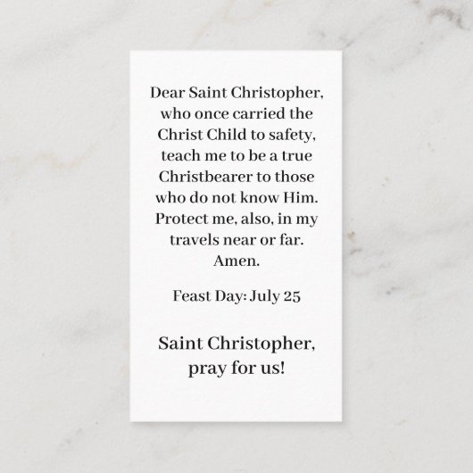 Sint Christopher Gebed Kaart Contactkaartje (Achterkant)