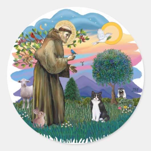 Sint Franciscus (ff) - Zwart-witte kat Ronde Sticker (Voorkant)