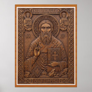 Sint Nicolaas,Maagdelijke nieuwe houten orthodoxe Poster