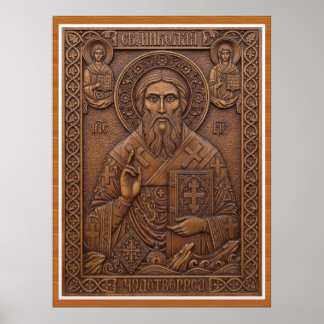 Sint Nicolaas,Maagdelijke nieuwe houten orthodoxe  Poster
