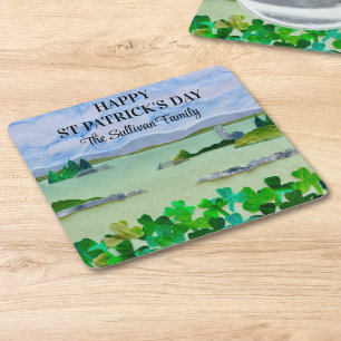 Sint Patrick's Day Lucky Shamrock Family Name Vierkante Kartonnen Onderzetter