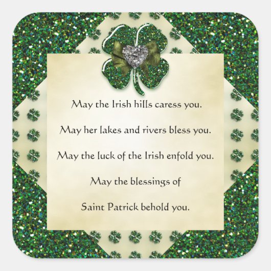 Sint-Patrick's Sparkly Shamrock/Heart Irish Vierkante Sticker (Voorkant)