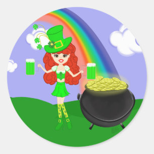 Sint Pat's Day Redhead Girl Leprechaun met Regenbo Ronde Sticker