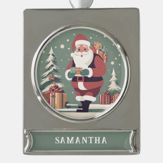 Sinterklaas aangepaste midden eeuw moderne kerst verzilverd banner ornament (Voorkant)