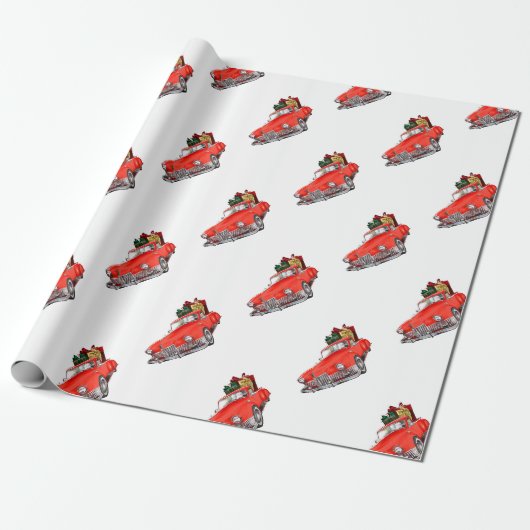 Sinterklaas die een retro auto bestuurt met cadeau cadeaupapier (Uitgerold)