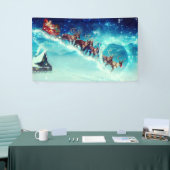 Sinterklaas die met rendiervis vliegt spandoek (Beurs)