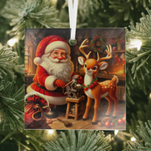 Sinterklaas en rendier glas ornament