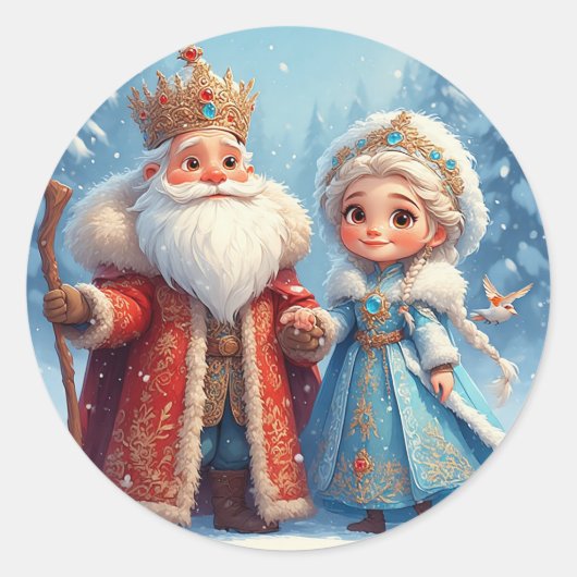 Sinterklaas en sneeuwmeisje vieren kerst ronde sticker (Voorkant)