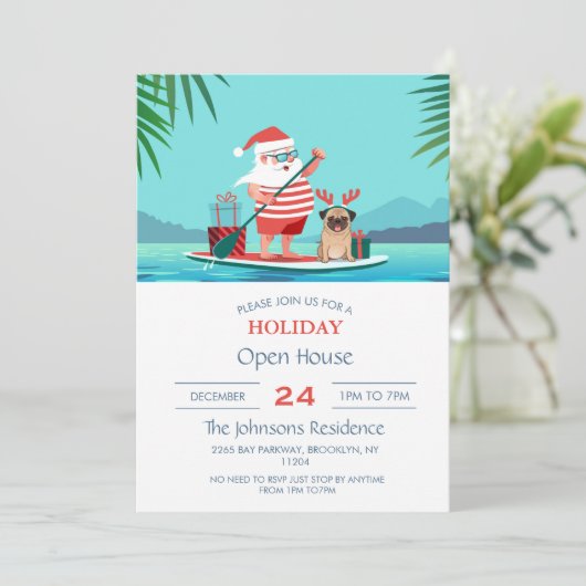 Sinterklaas en zijn pug op een surfbord kaart (Staand voorkant)