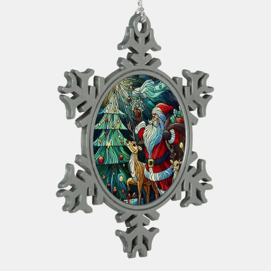 Sinterklaas en zijn rendierdragende geschenken tin sneeuwvlok ornament (Links)