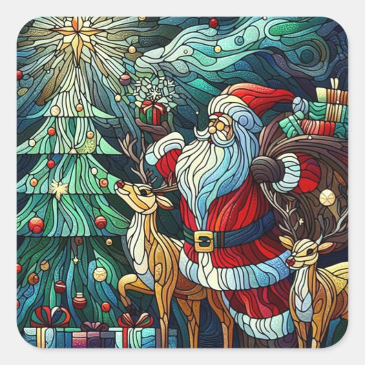 Sinterklaas en zijn rendierdragende geschenken vierkante sticker (Voorkant)