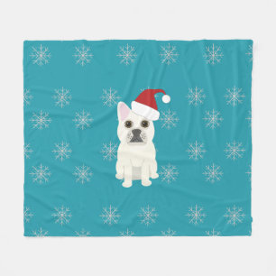 Sinterklaas Frenchie, Sneeuwvlokken Blauw Fleece Deken