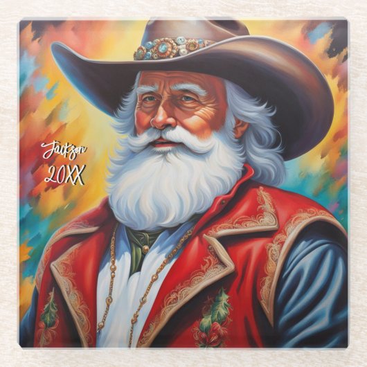 Sinterklaas in een Cowboy Pet Kerstmis Glazen Onderzetter (Voorkant)