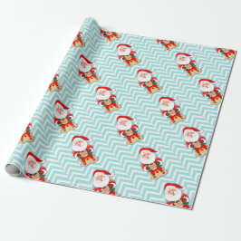 Sinterklaas in rode pyjama's met een mok cadeaupapier