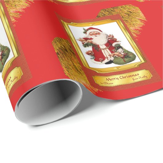 Sinterklaas in rood en gouden Lijst met franjes Cadeaupapier (Rol Hoek)