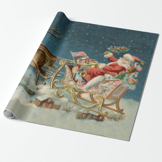 Sinterklaas Kerst Antiek Sleigh Rendier Cadeaupapier (Uitgerold)