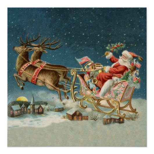 Sinterklaas Kerst Antiek Sleigh Rendier Perfect Poster (Voorkant)