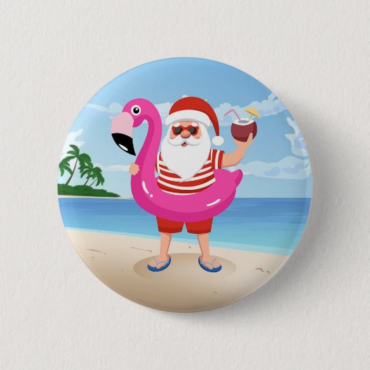 Sinterklaas met opblaasbare flamingo ronde button 5,7 cm (Voorkant)
