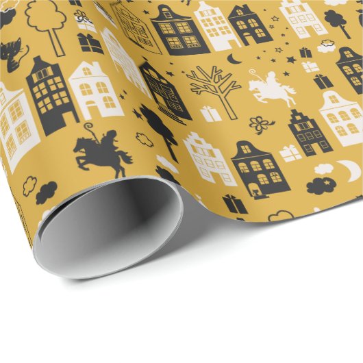 Sinterklaas met paard en huisjes oker cadeaupapier (Rol Hoek)