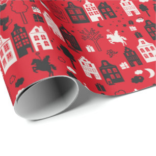 Sinterklaas met paard en huisjes rood cadeaupapier