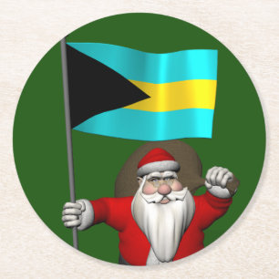 Sinterklaas met vlag van de Bahama's Ronde Kartonnen Onderzetter