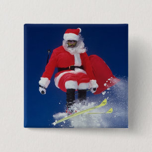 Sinterklaas op de skis die van een kraanhuis sprin vierkante button 5,1 cm