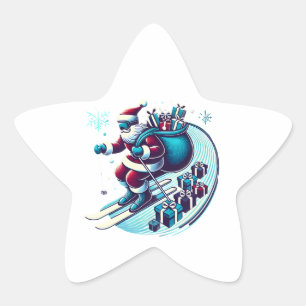 Sinterklaas skiën met zak vol kleurrijke cadeau ster sticker