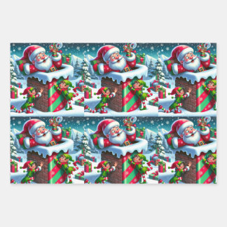 Sinterklaas vast in een schoorsteen met speelse el inpakpapier vel