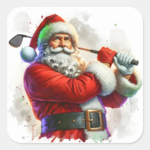 Sinterklaas zwaait een golfclub in feestelijke kle vierkante sticker
