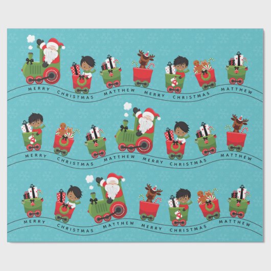 Sinterman en multiculturele jongen op trein cadeaupapier (Vlak)