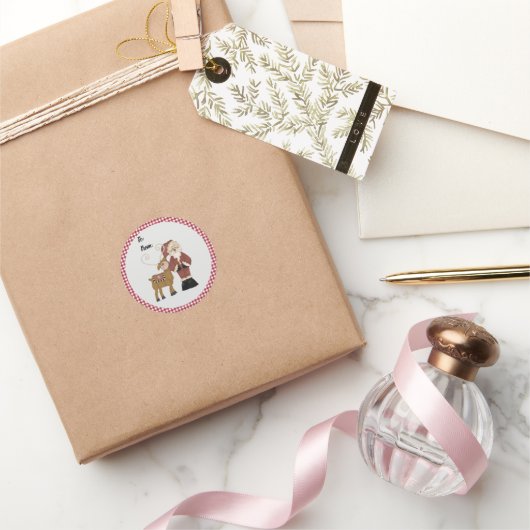 Sinterman en zijn rendier met Gingham Check Ronde Sticker (Geschenken)