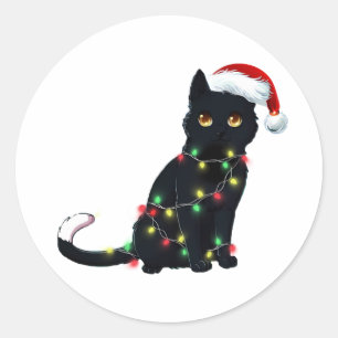 Sinterzwarte kat omhoog gedraaid in kerstboomverli ronde sticker