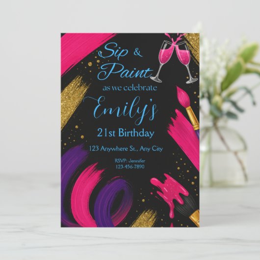 Sip and Paint Black & Pink Verjaardag Uitnodiging (Staand voorkant)