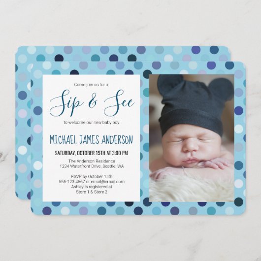 Sip and See Baby Boy Foto Blauwe Polka Dot Kaart (Voorkant / Achterkant)