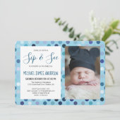 Sip and See Baby Boy Foto Blauwe Polka Dot Kaart (Staand voorkant)