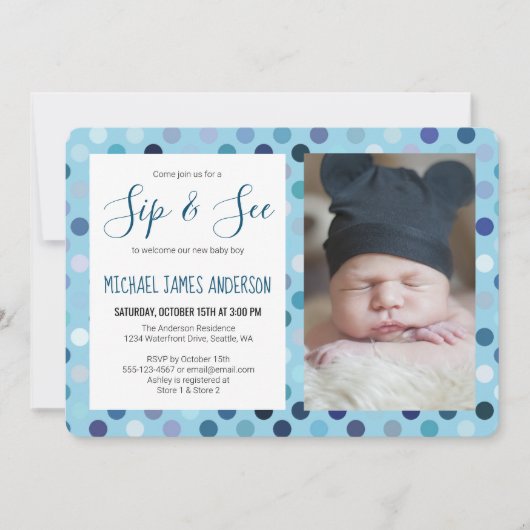 Sip and See Baby Boy Foto Blauwe Polka Dot Kaart (Voorkant)