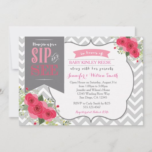 Sip and See Baby Girl Shower Invitation rose (Devant)