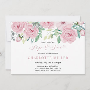 Sip and See Baby Meisje Foto Roze Waterverf Floral Kaart