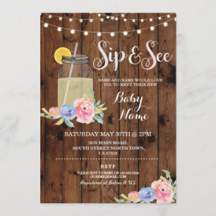Sip and See Baby shower Floral Wood Rustic Invite Kaart