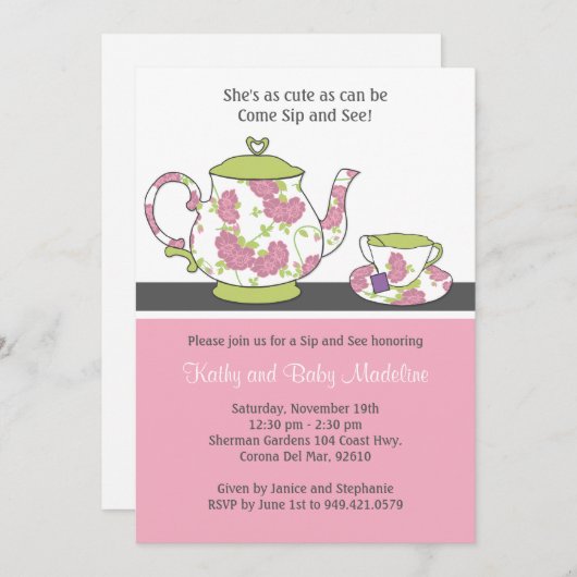 Sip and See Baby shower Invitation (Devant / Derrière)
