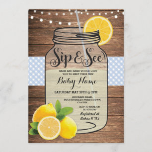 Sip and See Baby shower Wood Rustiek Blauw Uitnodi Kaart