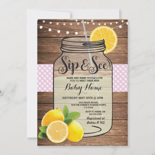 Sip and See Baby shower Wood Rustiek Roze Uitnodig Kaart (Voorkant)