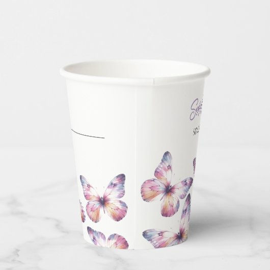 Sip and See Butterfly Theme Paarse Custom Papieren Bekers (Rechts)