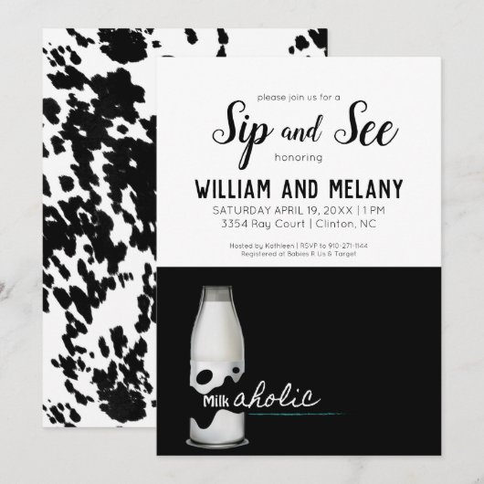 Sip and See: een "Milkaholic" Coed-Baby shower Kaart (Voorkant / Achterkant)
